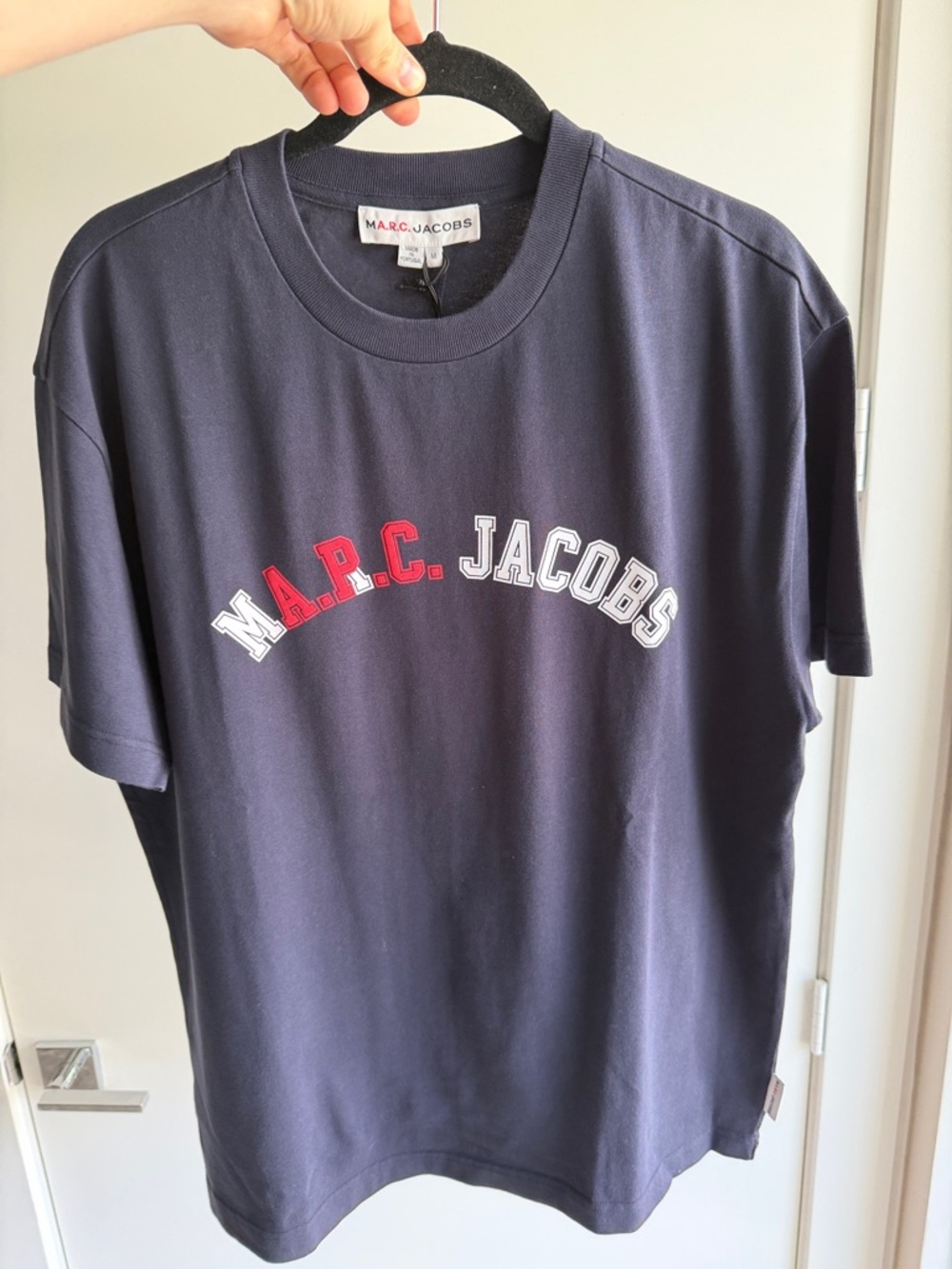 A.P.C. X Marc Jacobs Navy Short-Sleeve Logo Tee with Red and White Lettering